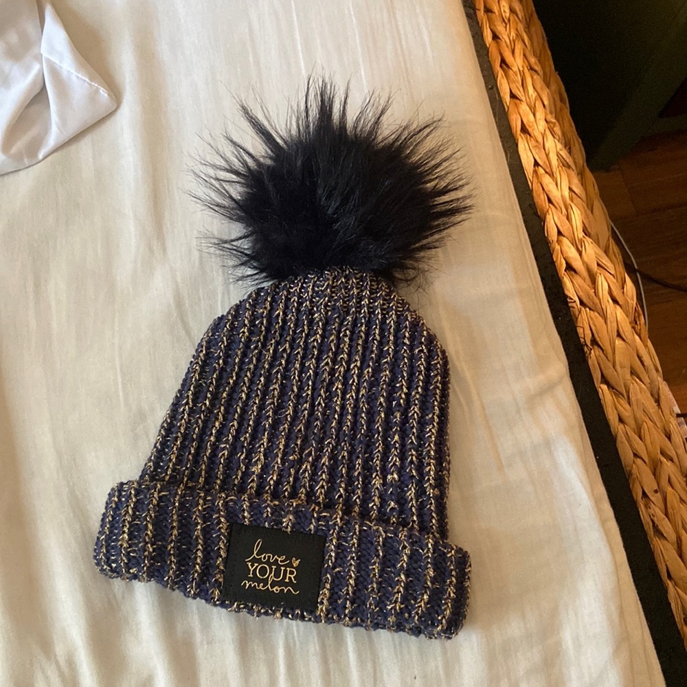 Love Your Melon Blue Metallic Yarn Pom Beanie